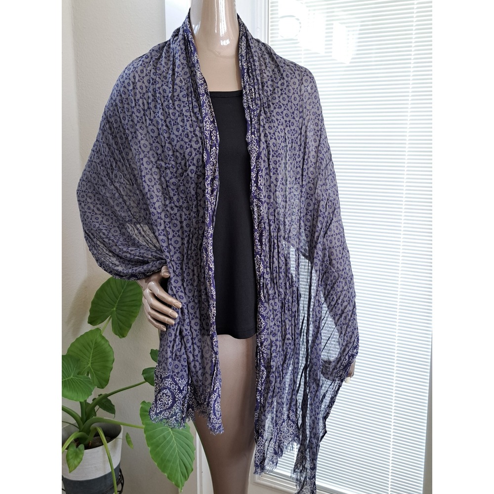 Blue Purple Geometric Floral Print Lightweight Frayed Edge Scarf Shawl Wrap